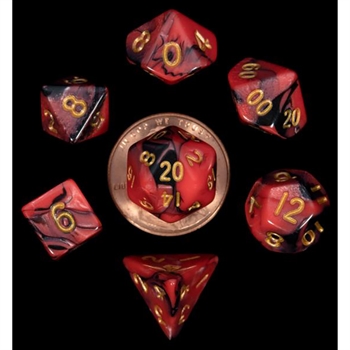 Mini Polyhedral Dice Set Red/Black with Gold Numbers (7)