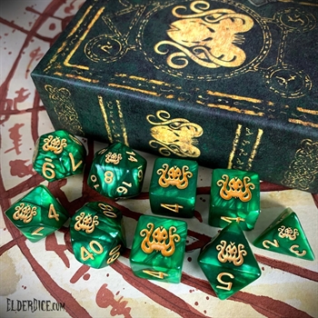 Brand of Cthulhu Dice: Drowned Green (9) Incl. Spellbook Box