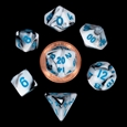 10mm Mini Poly Dice Set: Marble - with Blue Numbers (7)