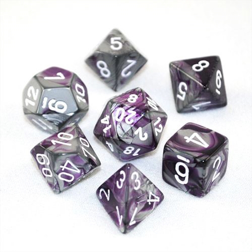 Purple & Steel with White Polyhedral 7-Die Gemini Dice Set d4, d6, d8, d10, d12, d20 & d00
